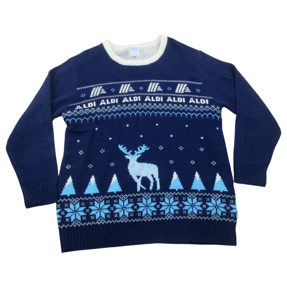 Aldi Gear Christmas Sweater Womens‎ Large Navy Reindeer Snowflake Knit Crew Neck
